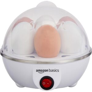 amazon basics electric egg boiler | 350 watt | boils upto 7 eggs | automatic operation, 3 boiling modes | overheat protection | stainless steel heating plate, measuring cup | 75ml | plastic | white