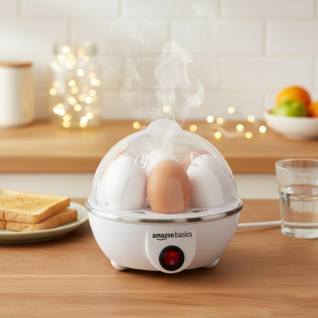 amazon basics electric egg boiler | 350 watt | boils upto 7 eggs | automatic operation, 3 boiling modes | overheat protection | stainless steel heating plate, measuring cup | 75ml | plastic | white amazon basics electric egg boiler | 350 watt | boils upto 7 eggs | automatic operation, 3 boiling modes | overheat protection | stainless steel heating plate, measuring cup | 75ml | plastic | white