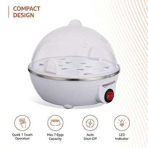 amazon basics electric egg boiler | 350 watt | boils upto 7 eggs | automatic operation, 3 boiling modes | overheat protection | stainless steel heating plate, measuring cup | 75ml | plastic | white amazon basics electric egg boiler | 350 watt | boils upto 7 eggs | automatic operation, 3 boiling modes | overheat protection | stainless steel heating plate, measuring cup | 75ml | plastic | white